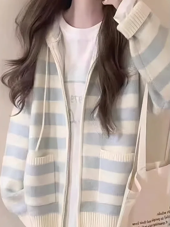 

Женский свободный вязаный открытый кардиган, мягкий молочный цвет, полосатый свитер с капюшоном, верхняя одежда, осень-зима, ленивый Sle Faion