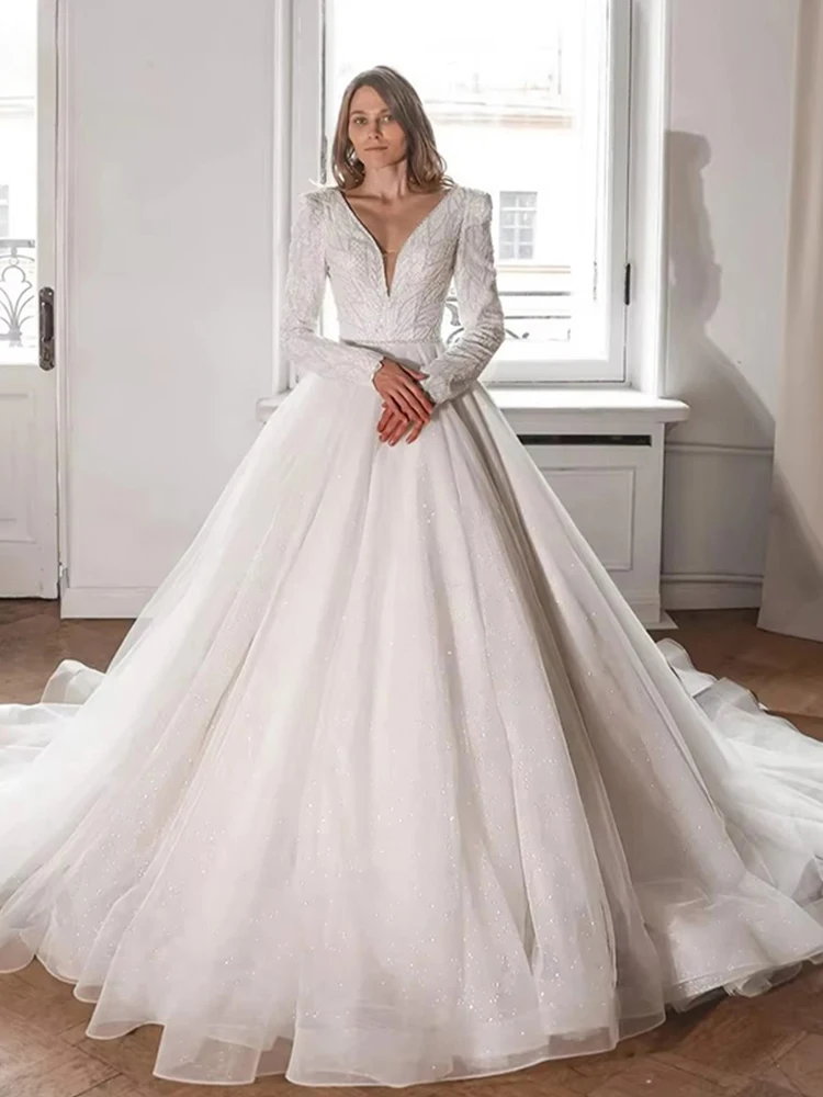 ZOCI Glitter Fully Beaded Wedding Dress With Beading Ball Gown Full Sleeve O-Neck Bride Dress Button Robe De Mariee Graceful  ﻿