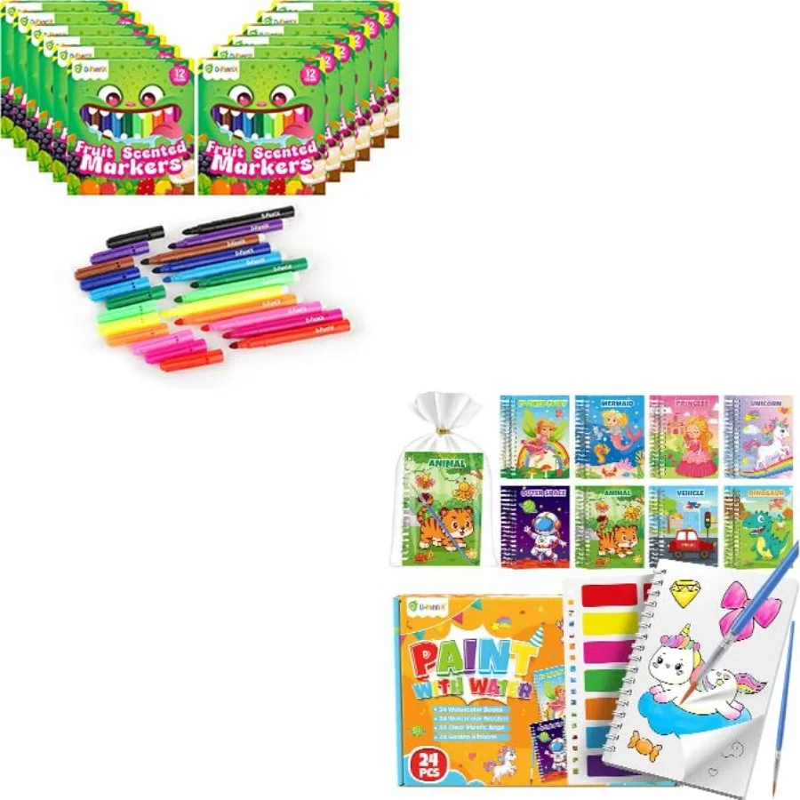 

12 Packs Fruit Scented Washable Markers for and 24 Pack Paint with Water Coloring Books
