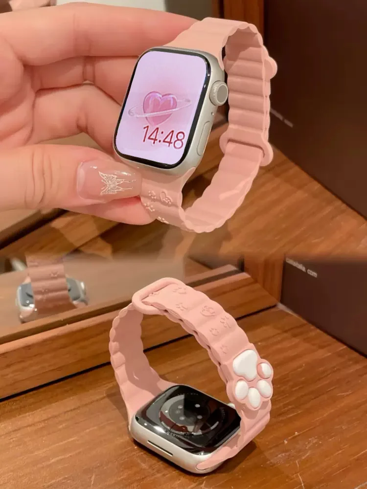Slim Cute 3D Cat Paw Magnetic Strap For Apple Watch Band 49mm 45 Ultra 44 41 42 40 Correa Silicone Band For Iwatch Series 9 8 7