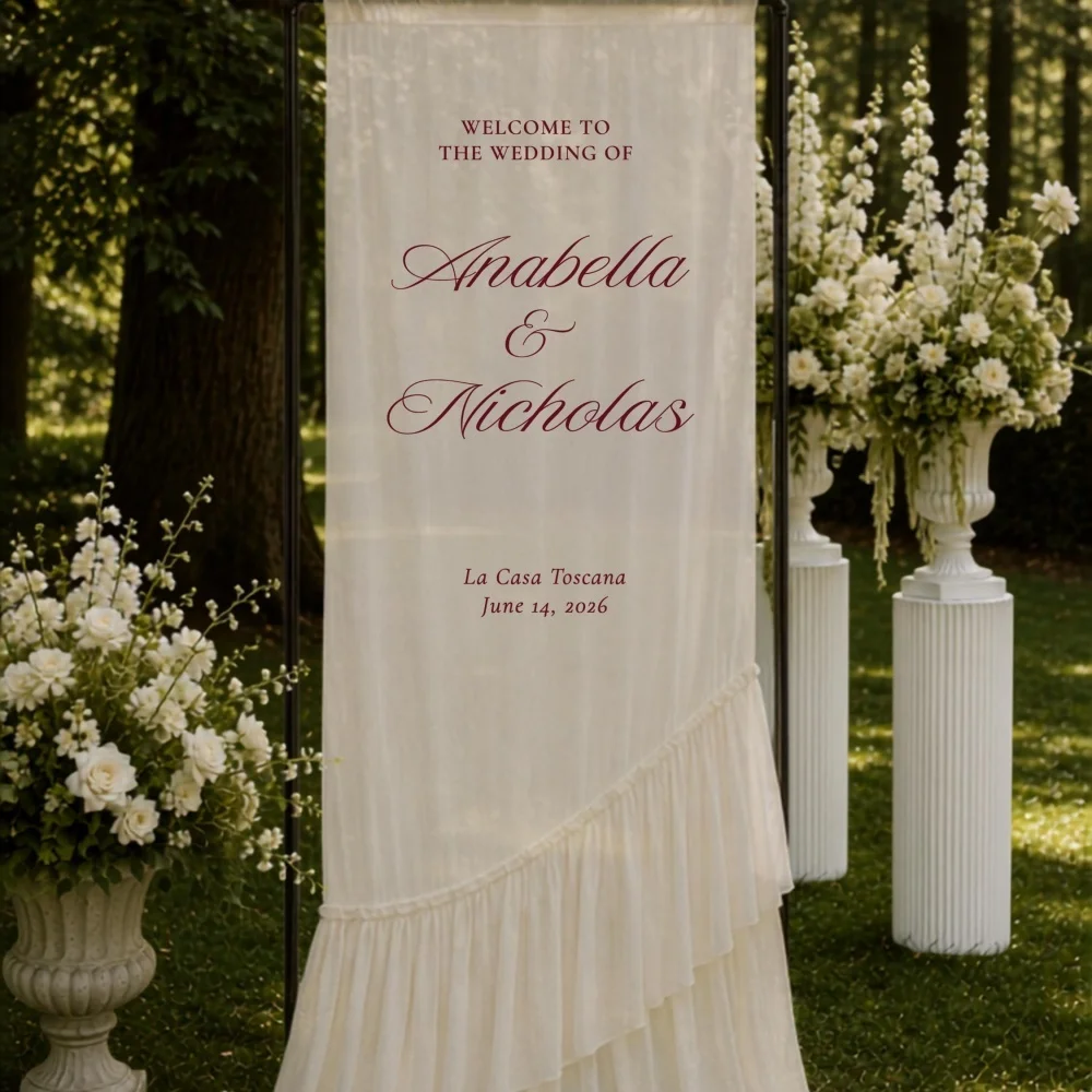Custom Ruffled Chiffon Wedding Welcome Sign,Draped Fabric Wedding Banner,Personalized Romantic Ceremony Reception Entrance Decor
