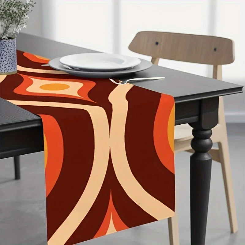 Vintage Mid-Century Modern Table Runner Brown & Orange Retro Wave Geometric Print Perfect for Parties, Kitchen & Dining Room