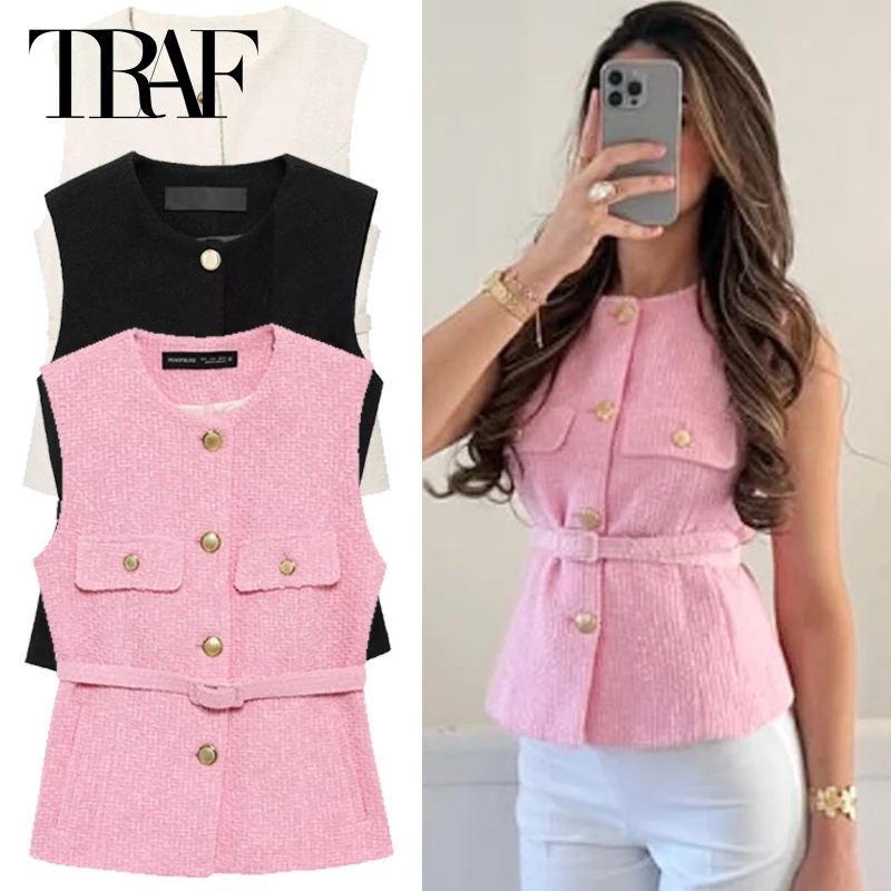 

TRAF Women's Vests Textured Waistcoat Women Summer Pink Black White Vest Outerwears Elegant Button Belt Sleeveless Vests Giletes