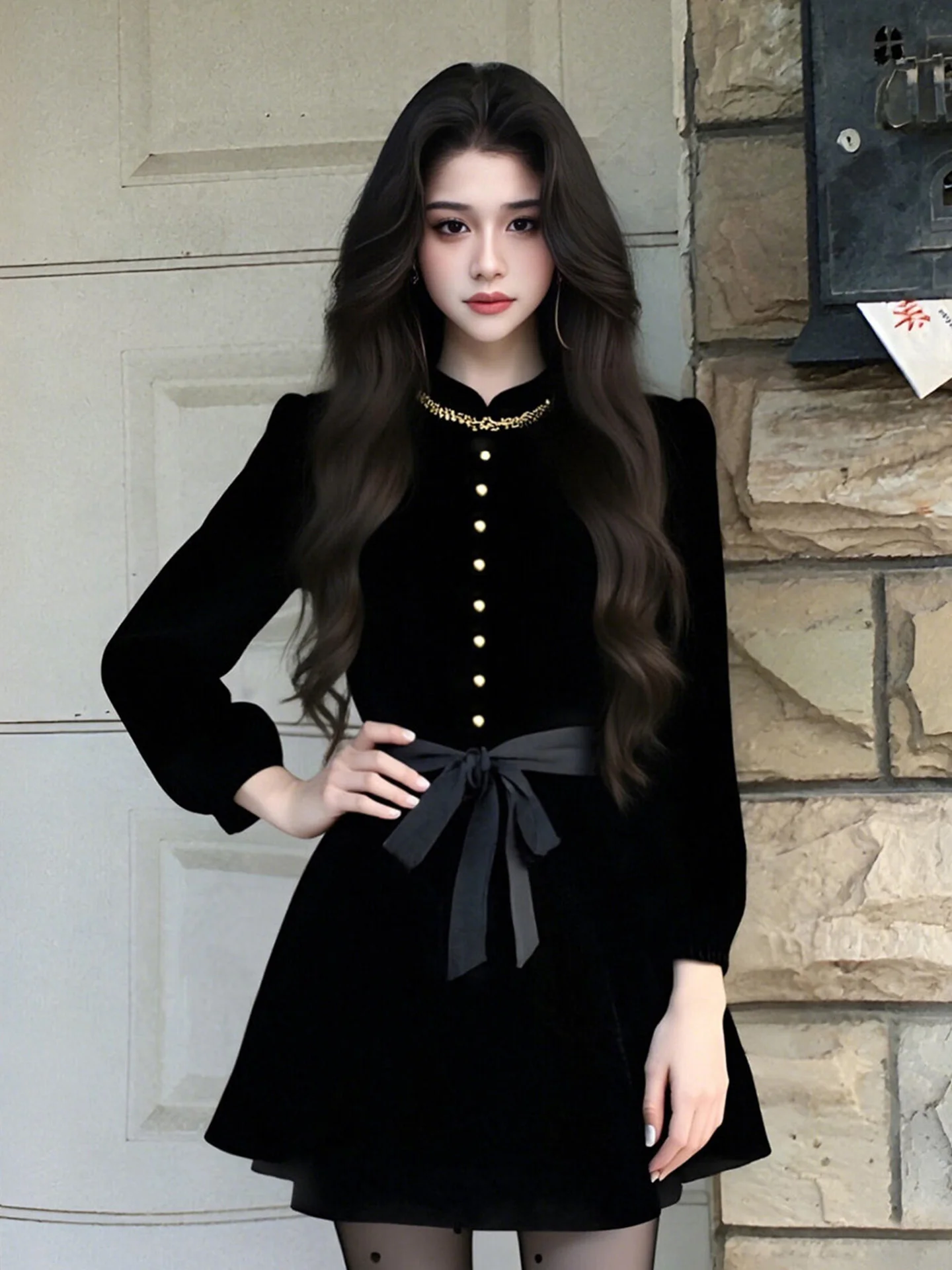 

Ele Slimming Bla A-Line Dr Set Women's Faionable Spring Collection Knot Mid-Length Long Sve Suit