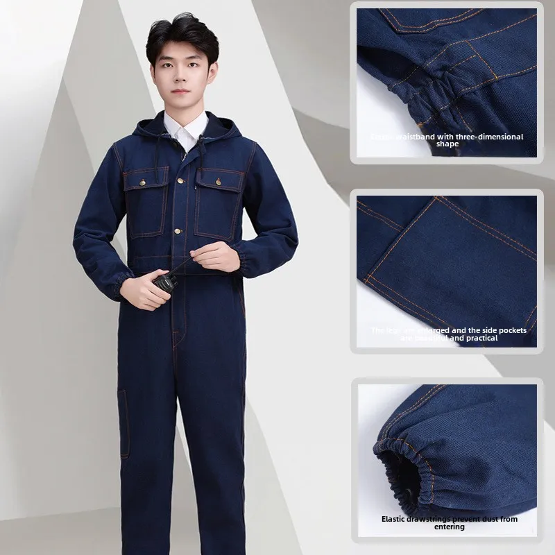 厚手のワンピースデニム作業服、耐摩耗性労働保護服、男性用防塵自動車修理作業服、作業服