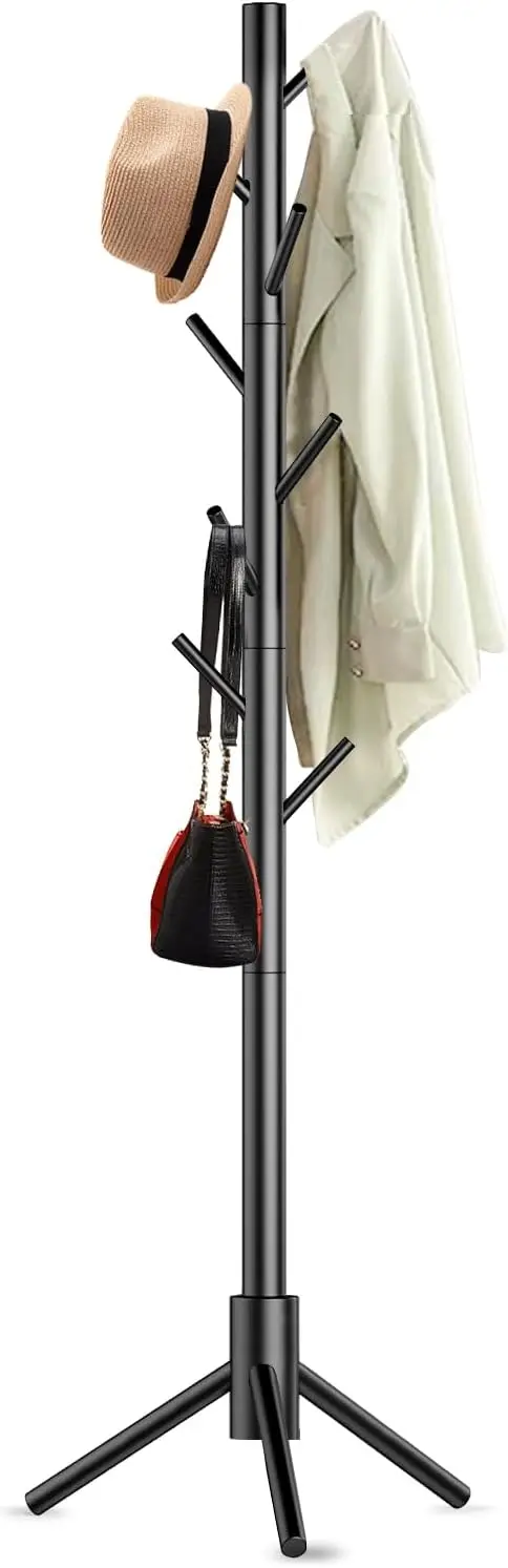 Freestanding Wooden Coat Rack with 8 Hooks, Adjustable Height for Coats, Hats & Bags, Ideal for Bedroom Office Entryway