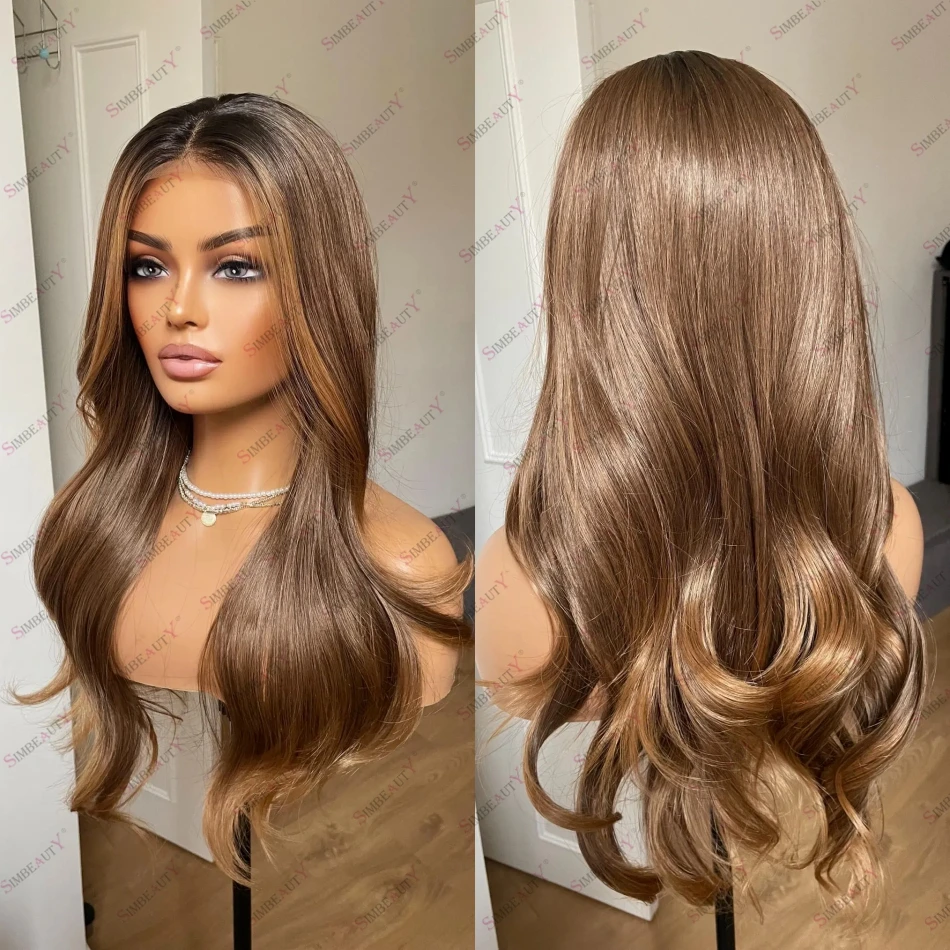 

Rooted Human Hair Caramel Wavy Ombre Lace Front Wigs for Women 5x5 HD Lace CLosure Wig Glueless 13X6 Lace Front Wig Remy Indian