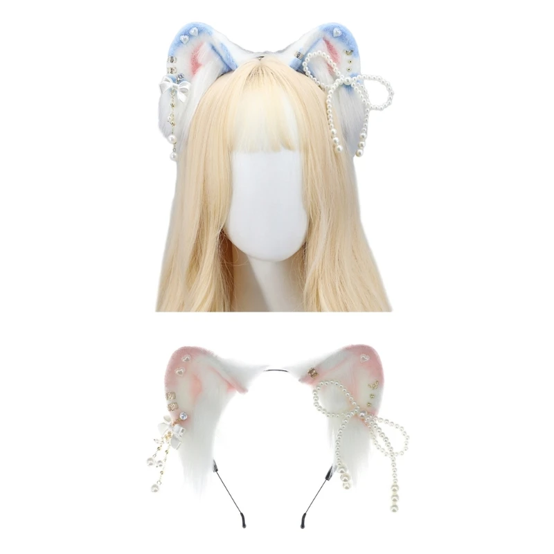 

Plush Ear Cosplay Hair Hoop with Pearl Bowknot Woman Teens Headband for Live Broadcast Carnivals Hairband