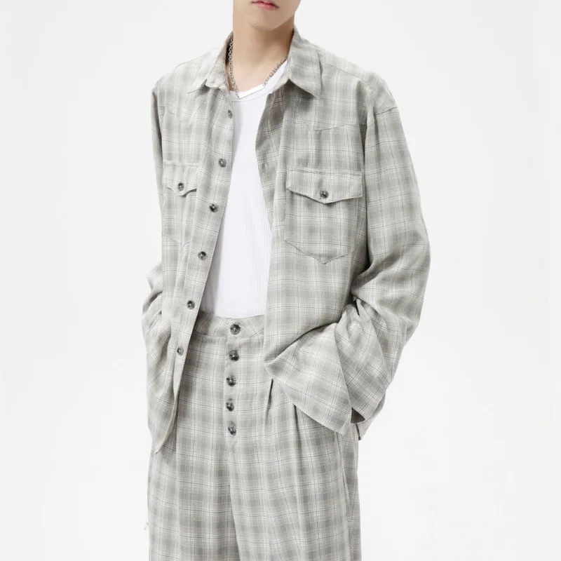 LEVIORTIN Men's Wear | 2024 Autumn New Product Korean Retro Casual Collar Plaid Loose Versatile Shirt Pants Set M6-DJ-6810