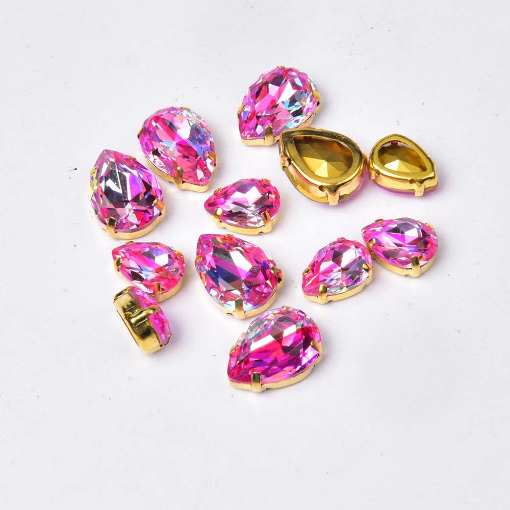 10Pcs Water Drop Lacer Glass Diamond Fantasy Color Sew on Rhinestone Gold and Silver Claw Loose Crystal Diy Garment Accessories