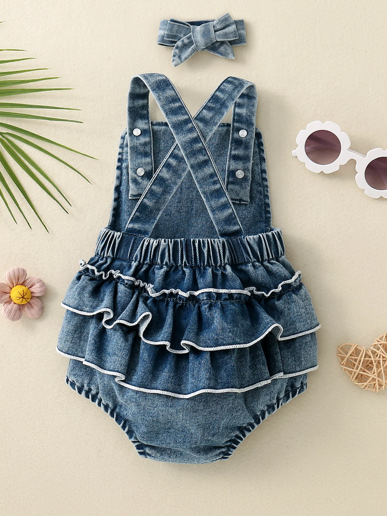 Baby Girl's Embroidered Rabbit Pattern Denim Triangle Romper with Headband Infant Clothing Set