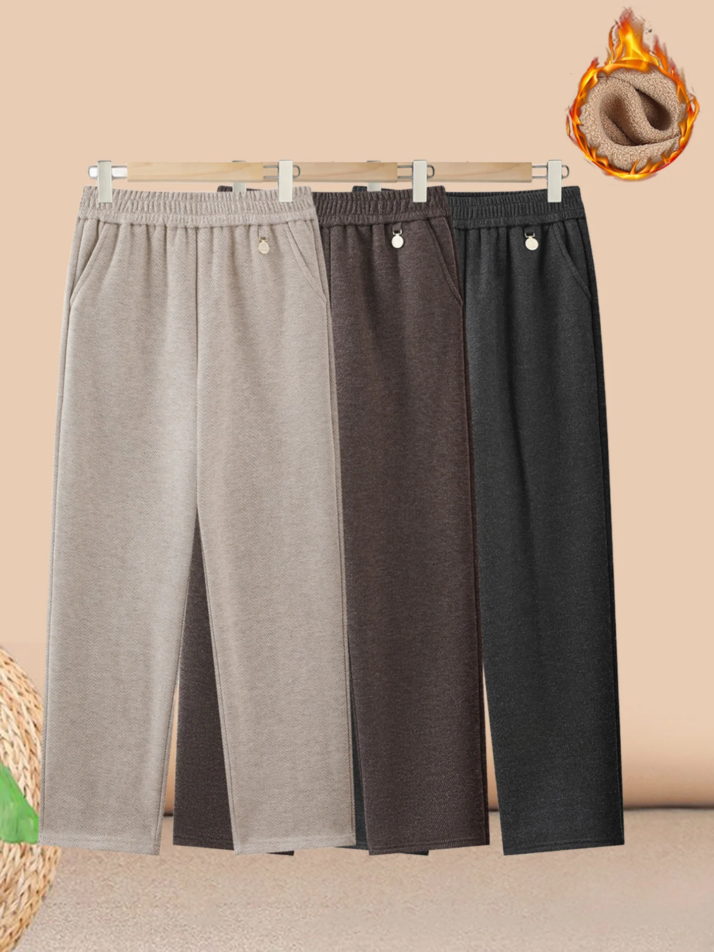 Thickened Woolen Straight Leg Pants Warm Casual Trousers for Middle-Aged And Elderly Women Elastic Waist Loose Fit Pants