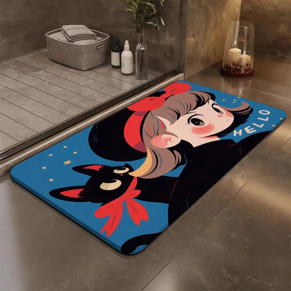 

Black Cat Girl Floor Mat Bathroom Soft Diatomaceous Mud Floor Mat, Bathroom Absorbent Foot Mat, Toilet Sink, Bedroom Mat, Carpet