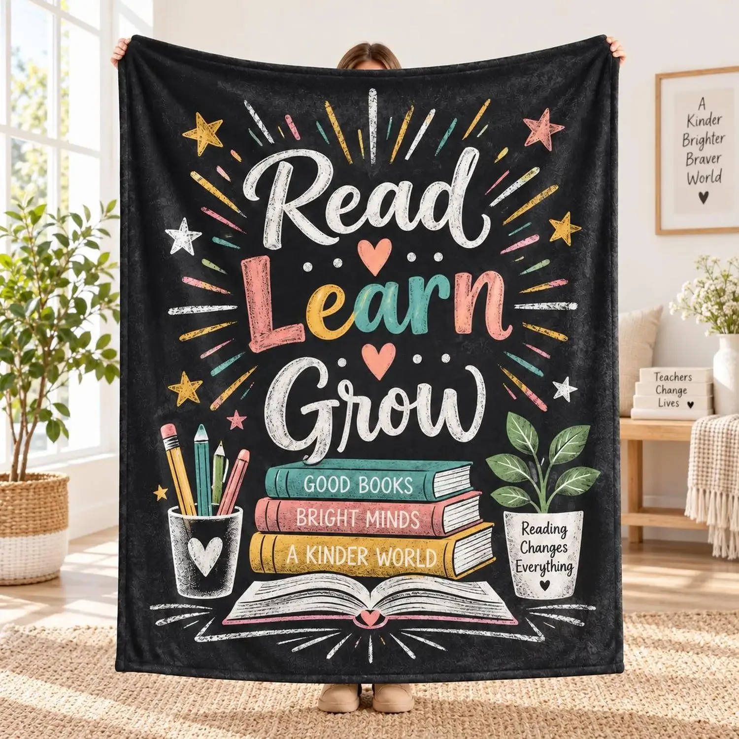 [Flannel Blanket] Reading Blanket, Blanket for Reading, Learning, and Growth for Book Lovers, Teacher Classroom Gift, Librarian