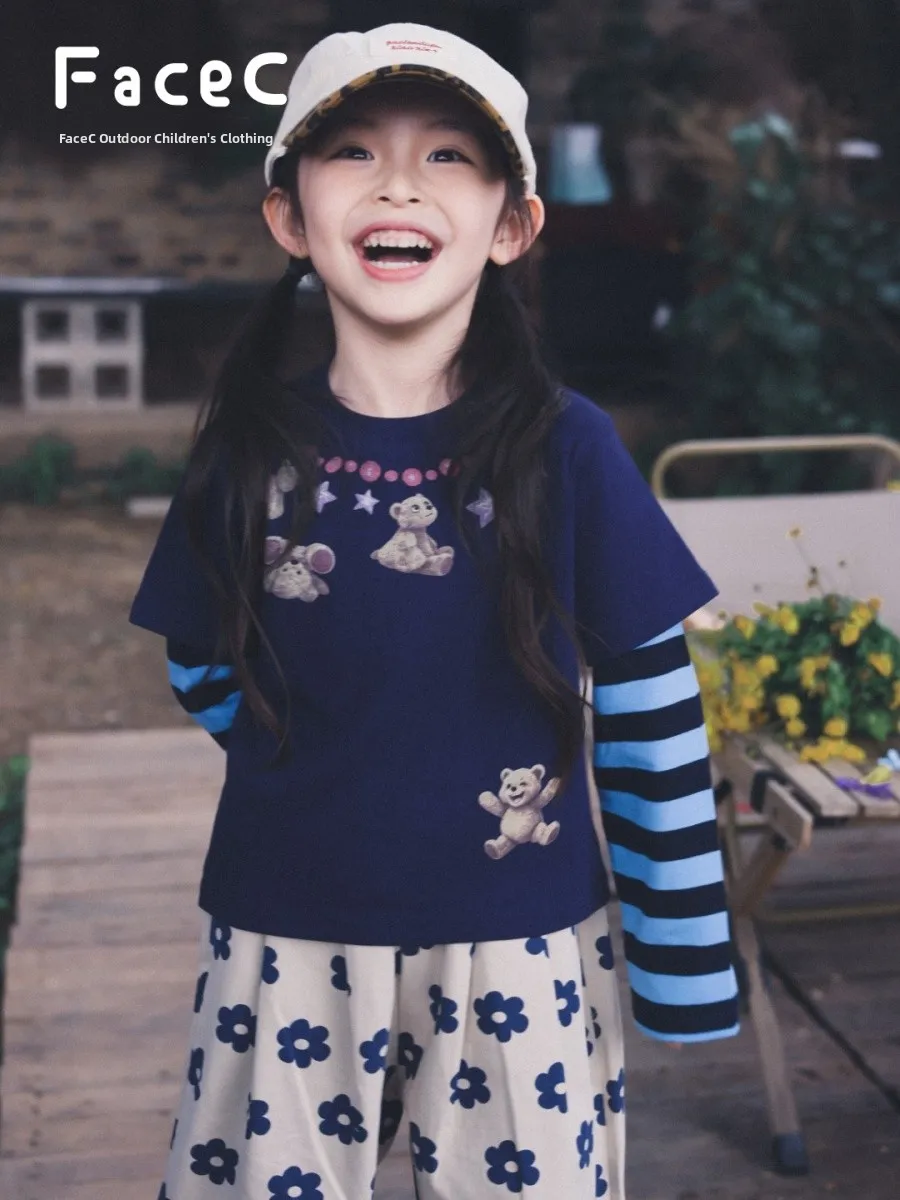 Outdoor Camping Style Striped Sleeve T-Shirt Girls Kids Fashion Fake Two-Piece Cotton Polyester Long Sleeve round Neck Top