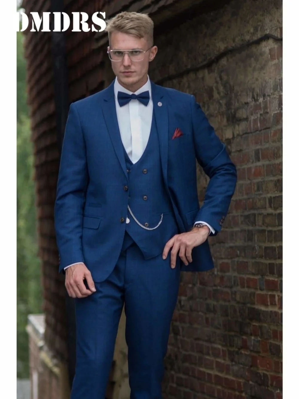 Handsome Men's 3-piece Blue Checked Wedding Suit 2025 Elegant Slim Jacket Vest Pants Business Formal with Bow Tie Accent