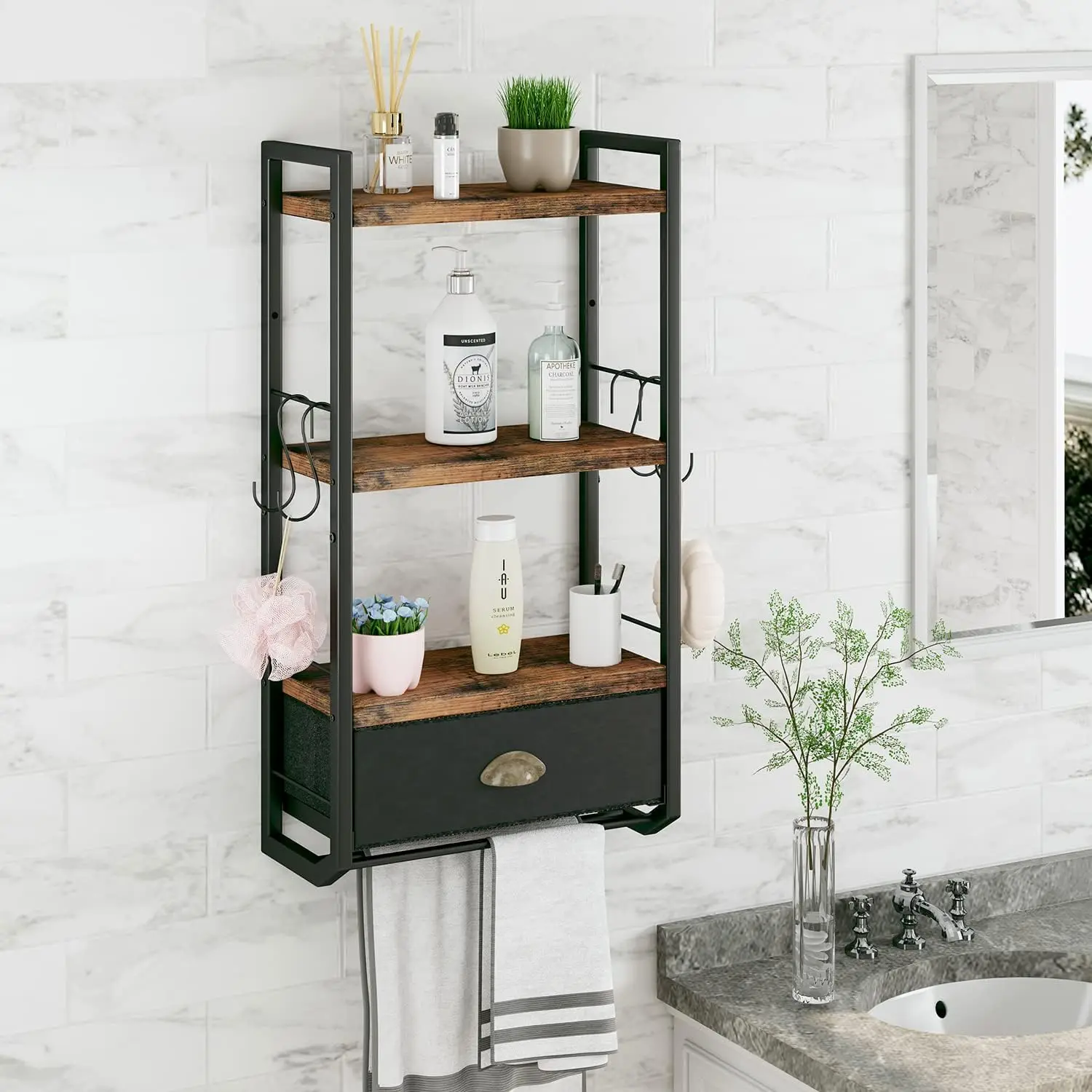 Bathroom Storage Organizer Wall Mounted 3 Tier Bathroom Towel Rack Shelf with Storage Drawer Double Towel Bars and Hooks