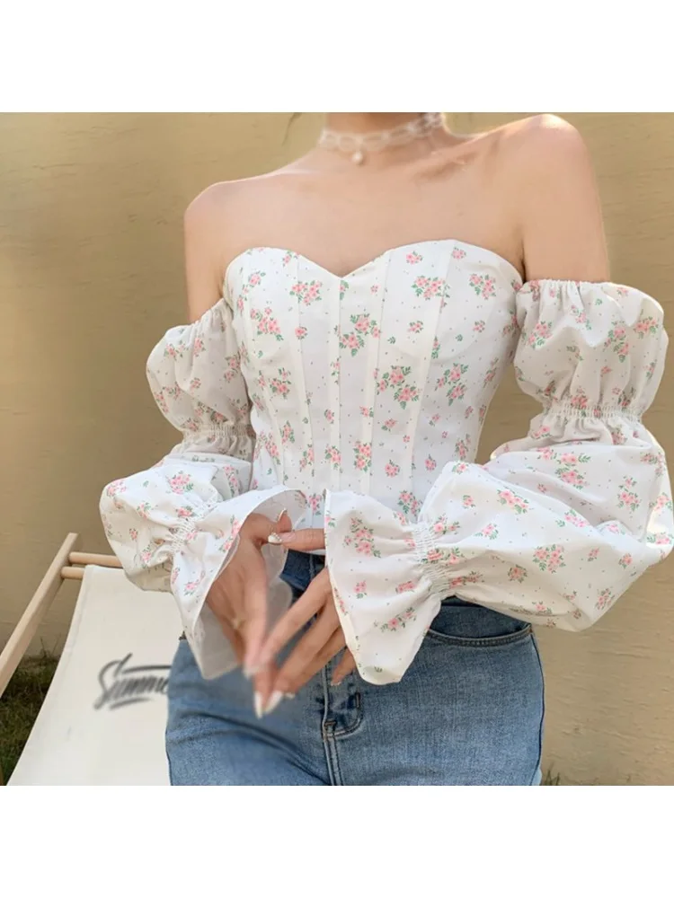 Women\'s Floral Off Shoulder Ruffle Trim Puff Long Sleeve Tube Crop Blouse Shirt Top