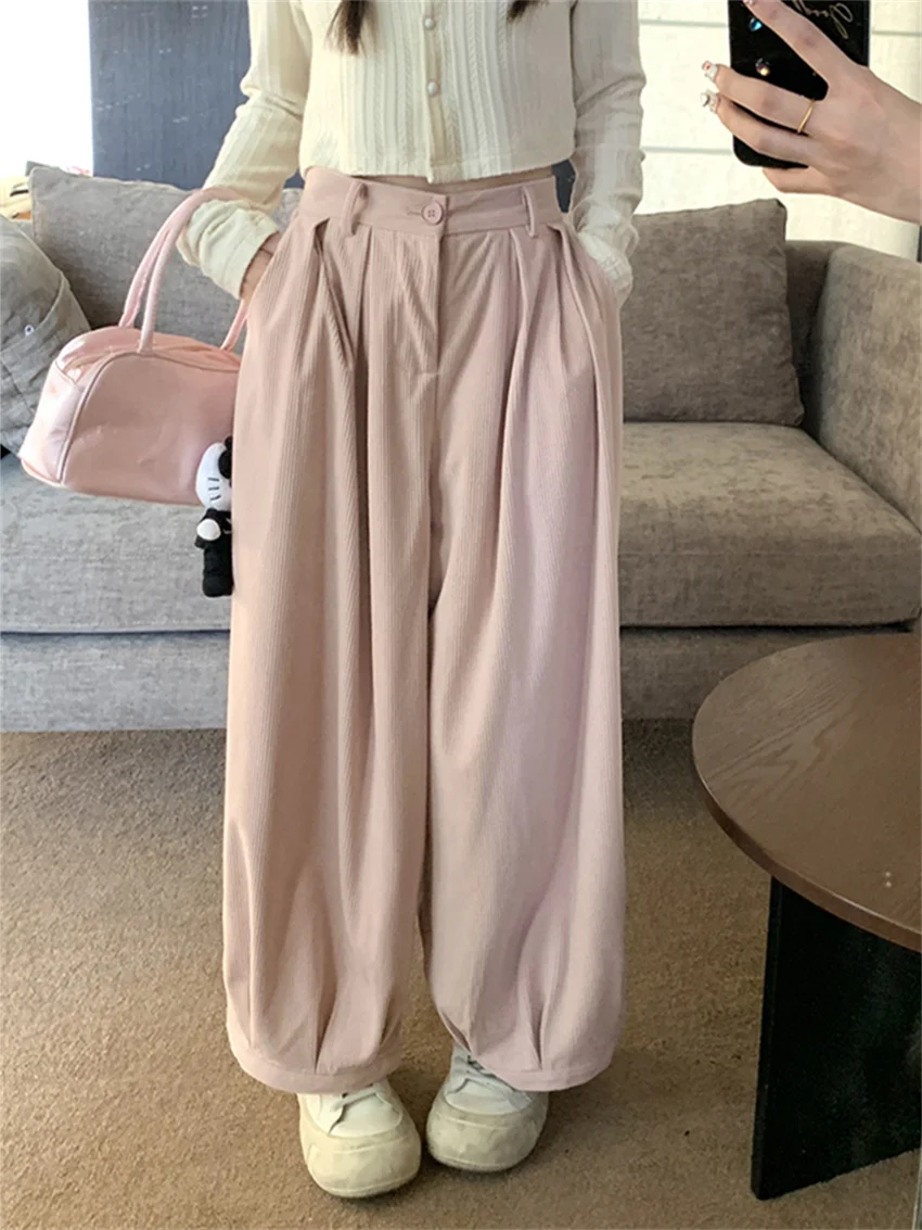 PLAMTEE Pink Solid Spring Trousers Women Loose Daily High Waist 2024 Corduroy Gentle Fashion New Chic Wide Leg Casual Pants