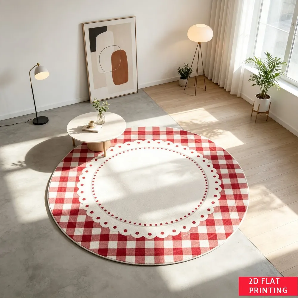 Red And White Checkerboard Patterned Circle Floor Mat For Modern Living Room Decor With Non-Slip  Durable Print Mat