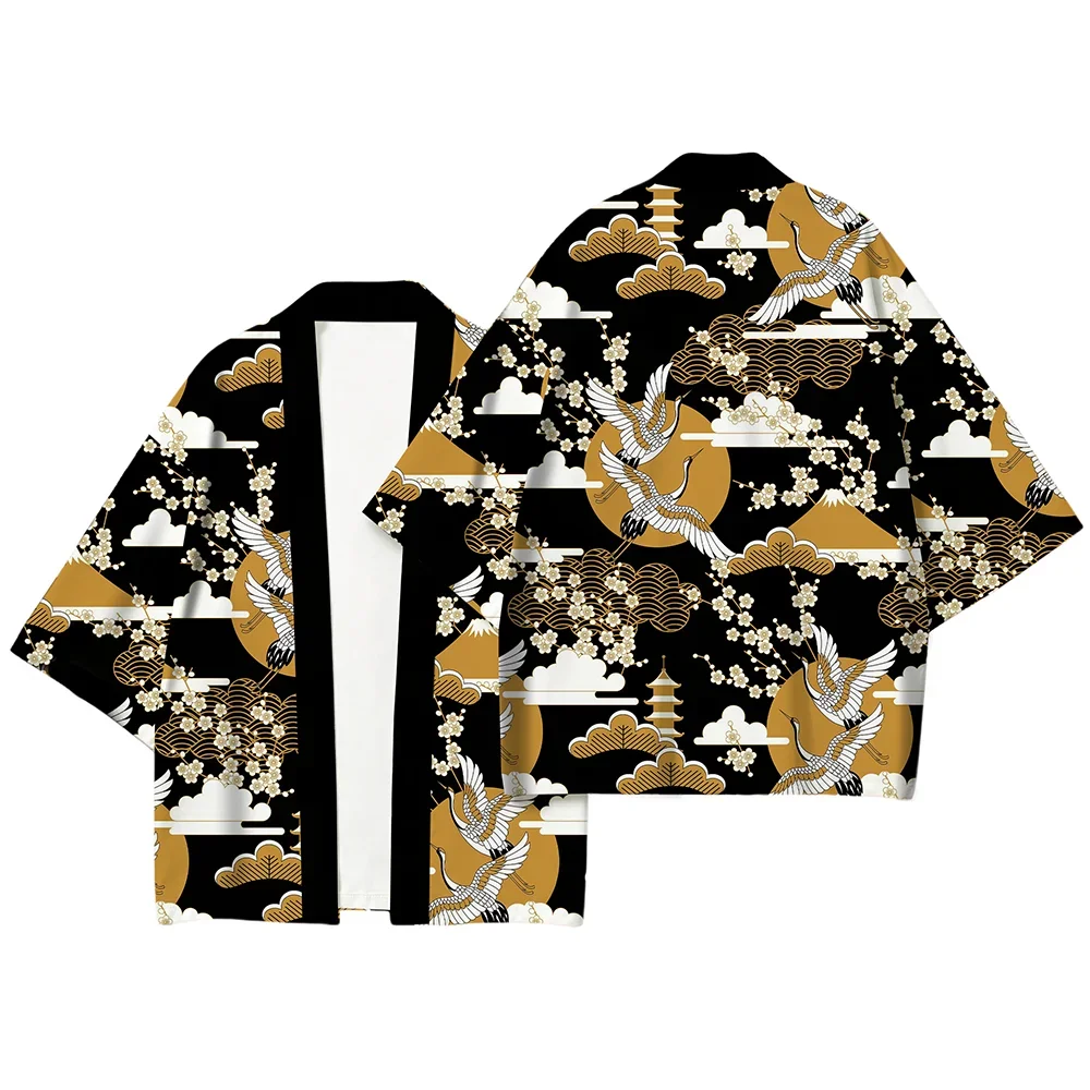 Fashion Unisex Red Sun Crane Golden Wave Haori Kimono Cardigan 1/2 Sleeve Open Yukata Summer Casual Clothing Vacation Tops