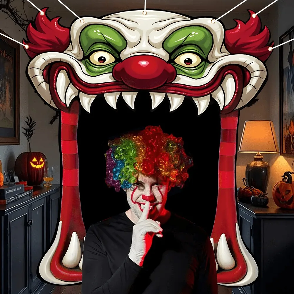 1Pc Scary Clown Halloween Door Banner Themed Party Photo Booth Halloween Party Supplies and Haunted Houses Decorations