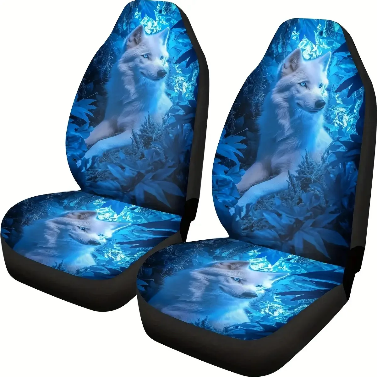Set Of 2 White Wolf Seat Covers Featuring A Blue Forest Design, Compatible With Sedans, Suvs, And Trucks. They Are Washable And