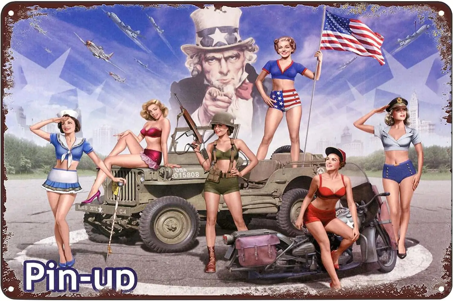 Vintage Metal Signs - Pin-up Girls Truck Motocycle Gun American Flag Tin Sign Poster Wall Art Decor Plaque for Home Bar Pub Club