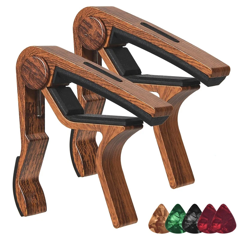 2 Piece Electric Guitar Capo Wood Grain Capo + 5 Picks (With Pick Slot) Wood Color Aluminum Alloy + Rubber