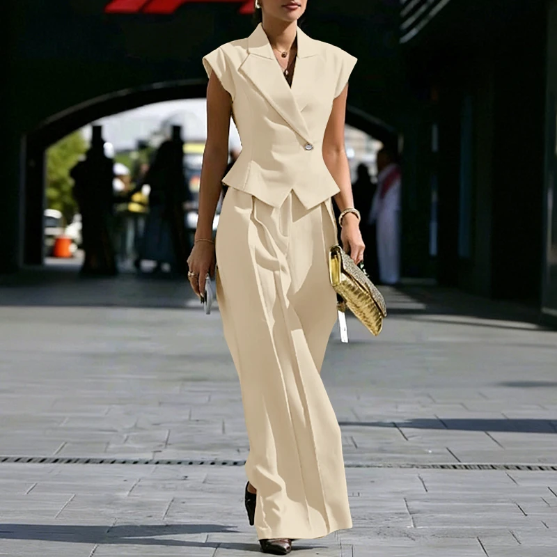 ZANZEA Summer Pleated Outfits Women Sets Office Lady Turn-Down Collar Pants Suits Solid Color V Neck Elegant Matching Sets 2026