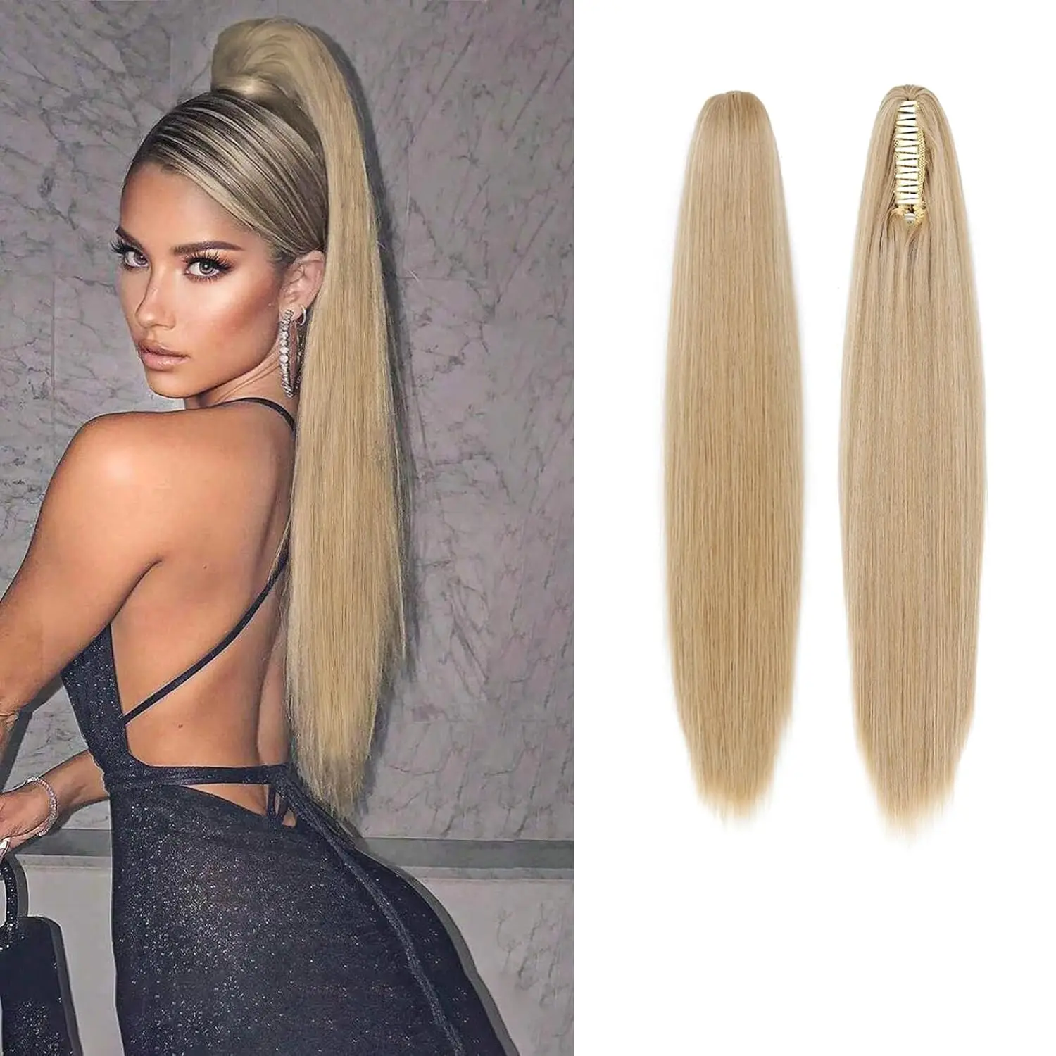 

Synthetic Long Straight Claw Clip On Ponytail Hair Extensions 24Inch Heat Resistant Pony Tail Hair piece For Women Daily Party