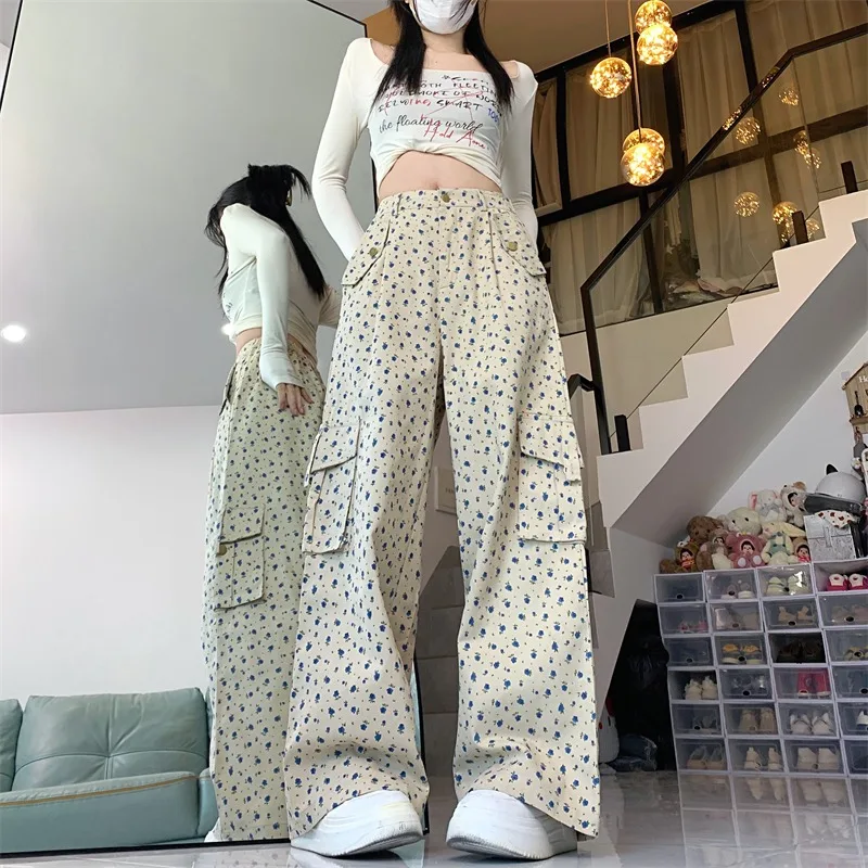 Korean Retro Floral Cargo Pants Women Loose Wide Leg Straight Full Length High Waist Fashion Versatile Casual Trousers Female