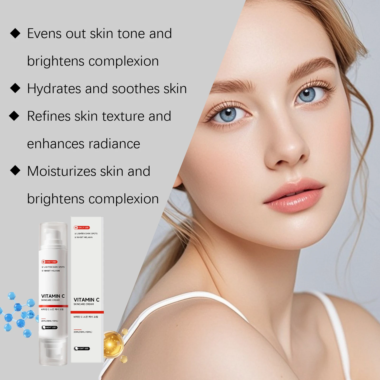 Vitamin C Brightening Ampoule Cream With Niacinamide Dual-Ended Day Night Care Even Skin Tone Hydrating Lightweight Face Cream