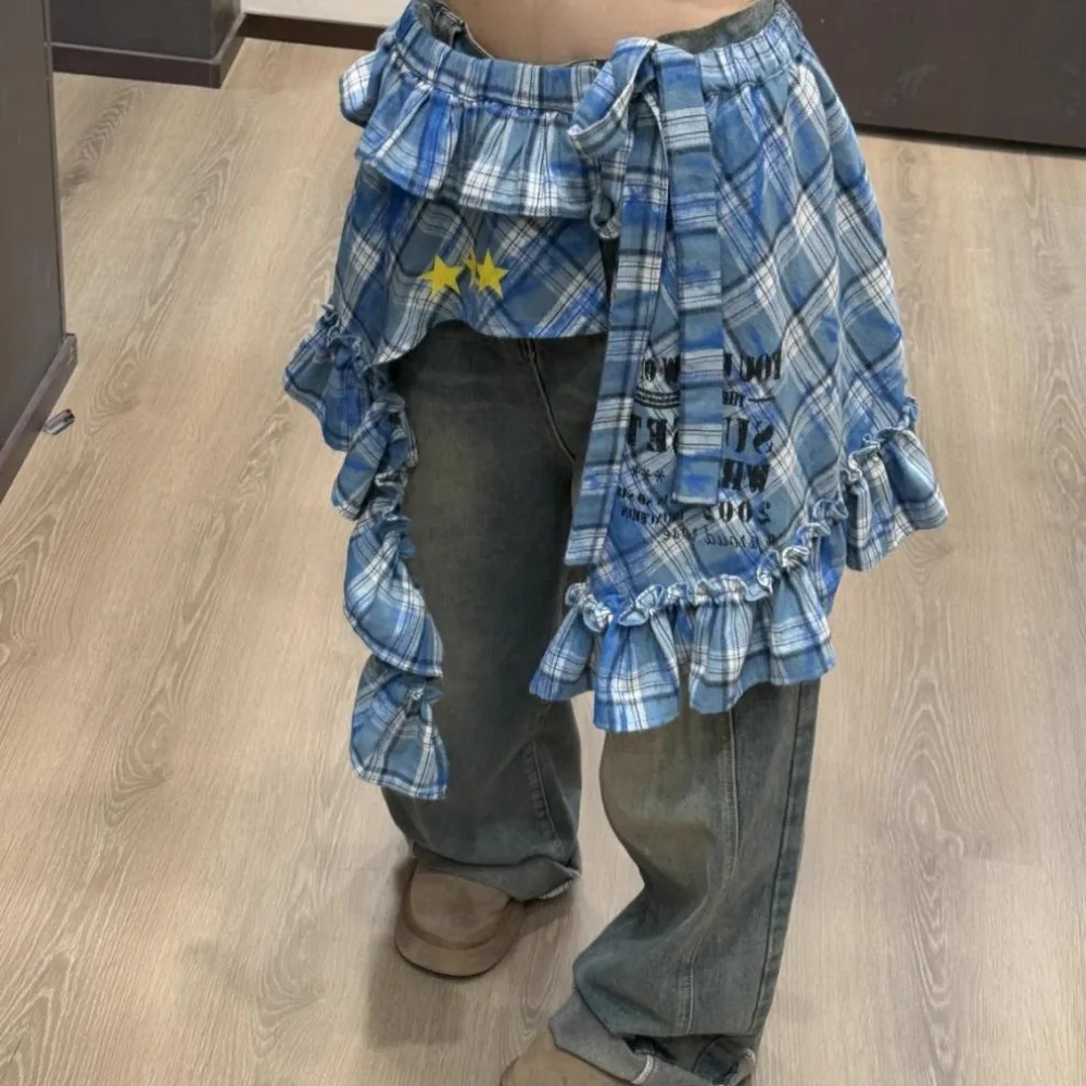 Estrela camada outfits saia xadrez camisa extensor hip-hop rendas até hip cachecol doce y2k babados borda cintura