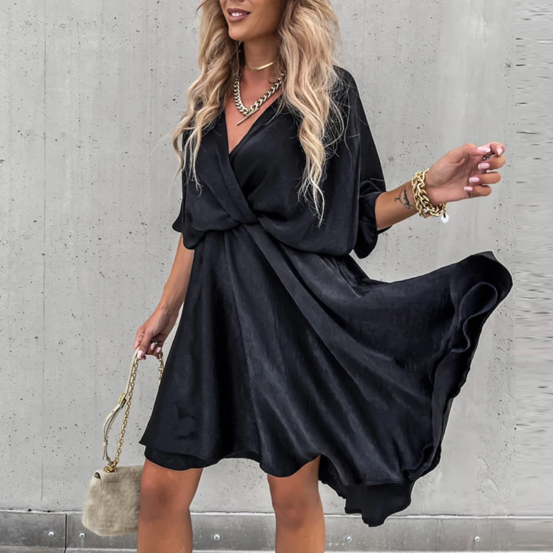 Sexy V Neck Dresses For Women Elegant Short Sleeve Solid A-line Loose Mini Dress Women Casual Beach Party Dress Boho 2024