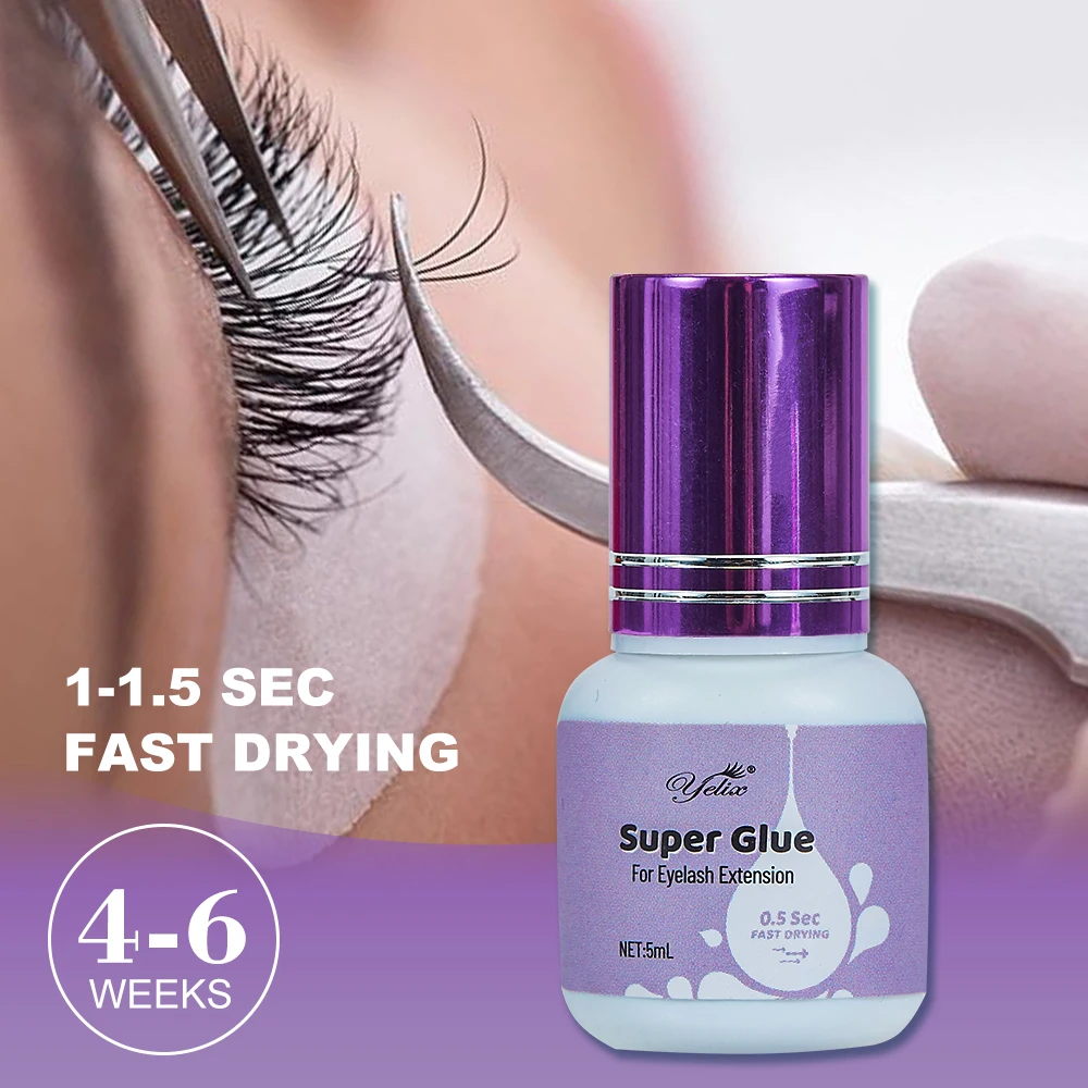 Yelix 5ml 1Sec Quick Dry Eyelash Glue Black Lash Adhesive 4-6 Weeks Super Glue Eyelash Extension Supplies Water Proof Eyelashes