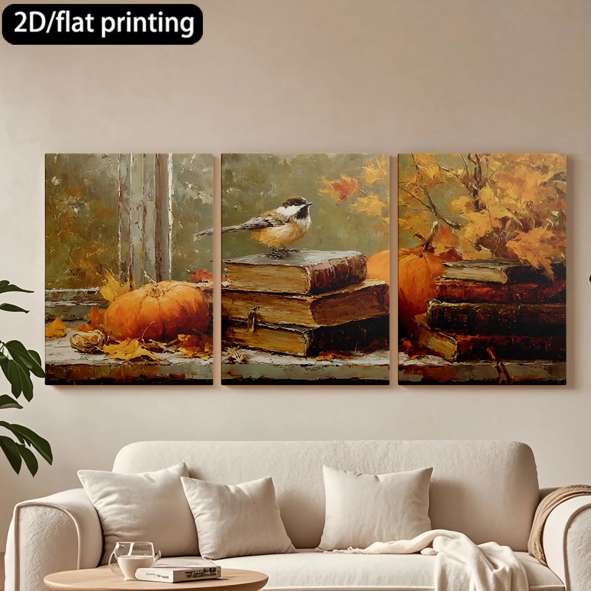 

Декоративная картина на холсте из трех частей: осенний декор, книги, тыквы, птицы.