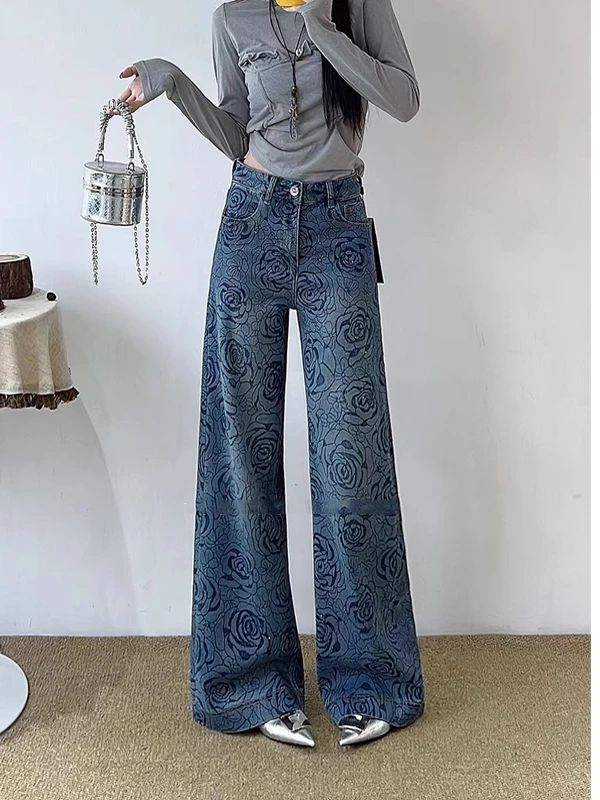 

Spring 2026 Women's High Waist Straight Leg Denim Jeans Rhinestone Embellished Narrow Wide Leg High Quality Blue Jeans