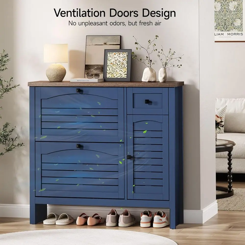 Scarpiera blu navy con 2 cassetti, 1 cassetto, armadietto laterale, organizer per scarpe ventilato e ripiani regolabili per ingresso
