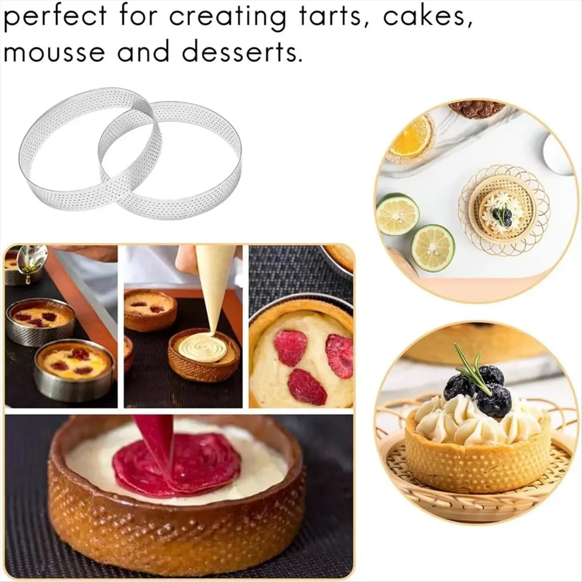 

AB09 Набор из 5 круглых форм для тарталеток 20 см с отверстиями, из нержавеющей стали, для фруктовых пирогов, кишей, тортов, муссов, кухонная форма для выпечки