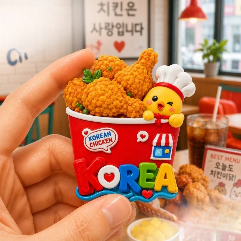 Korea Fried Chicken Chick Fridge Magnet - Adorable 3D Food Souvenir Unique South Korean Gift for Travel & Fun Kitchen Decor