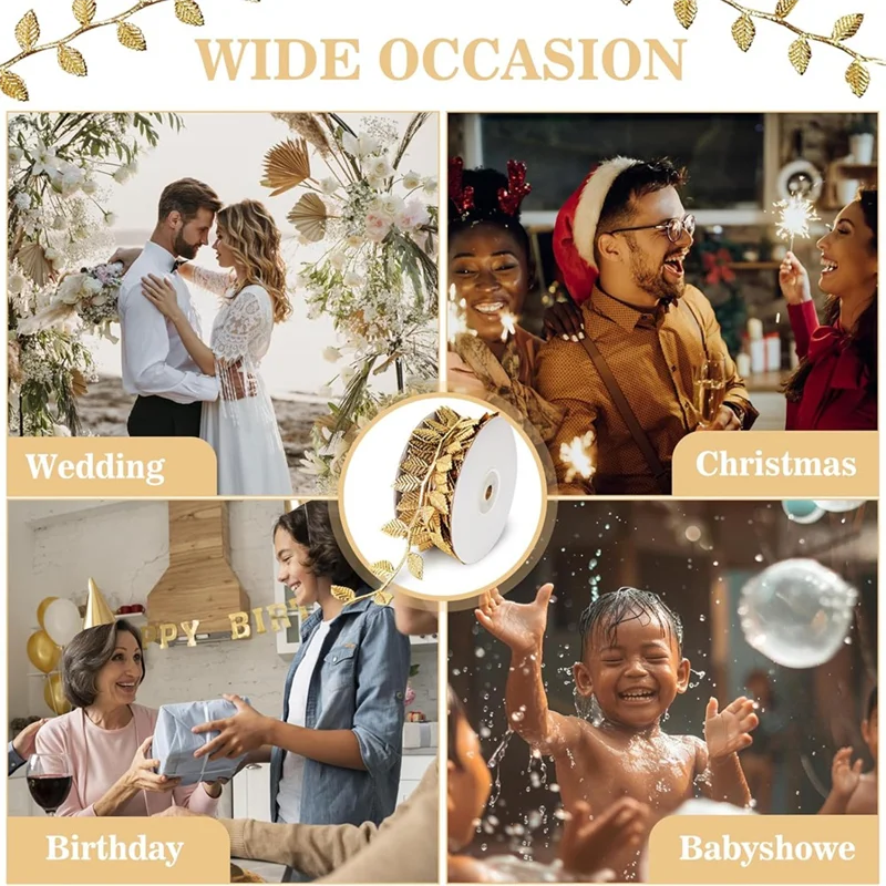 ABMO Ribbon Garland,33 Feet Xmas Gold Ribbon,Gold Leave Ribbon Garland DIY Crafts For Gift Wrapping,Decorations