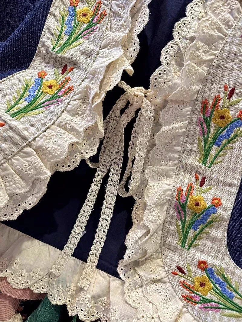 Vintage Denim Patchwork Cotton Lace Floral Embroidery Vest Women Mori Girl Retro Shabby Chic Cottage Core Rococo Victorian Vest