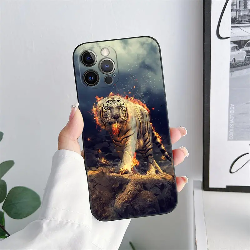 Funda de teléfono con diseño de León y tigre para iPhone, carcasa suave de TPU, para modelos 11, 15 Pro Max, 14 Plus, 13 Pro, 12, 11, X, XS, XR, 7, 8, SE, 2020