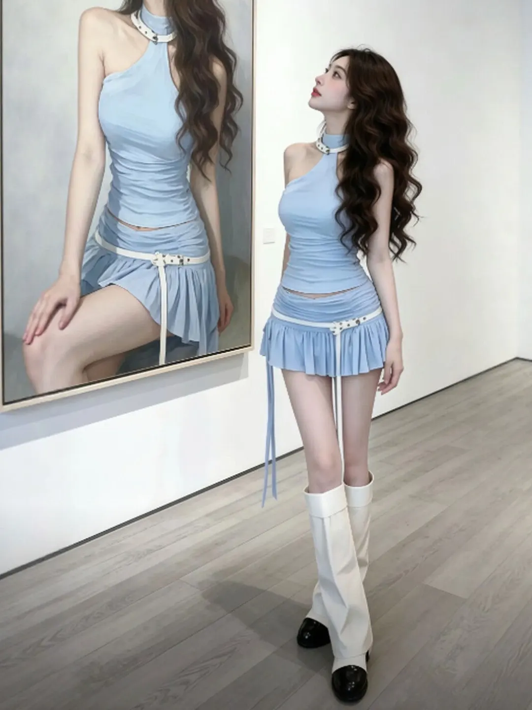 

Stunning Unique Beautiful Summer Set Strap Top Half Skirt Whole Outfit High Waist Short Skirt Comfortable Warm Regular Fit Sp...