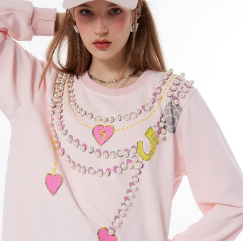 Korean Fashion Heavy Industry Beads Rhinestone Mid-Length Sweatshirt Female Spring Autumn Round Neck Neck White Hoodies Women