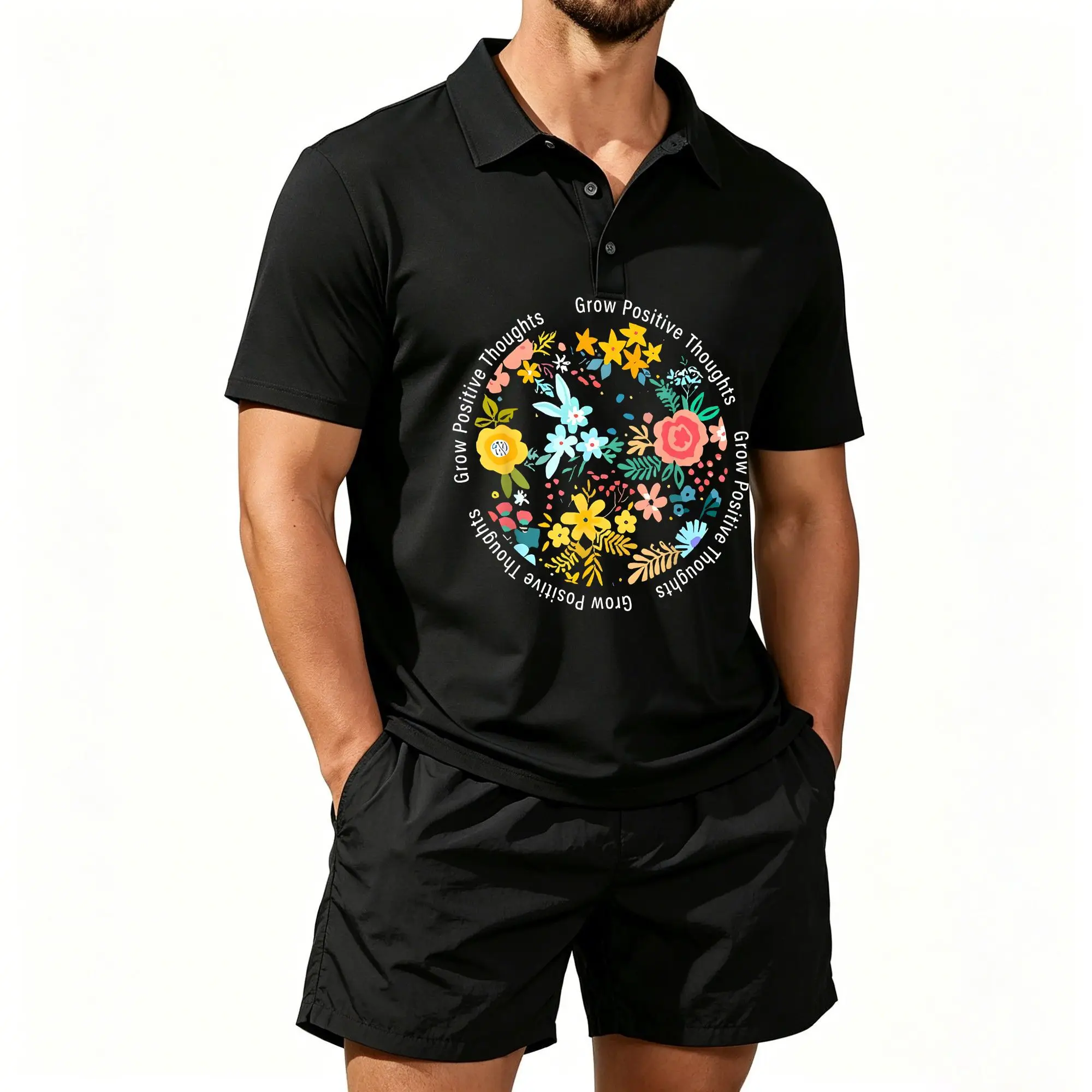Ensemble de polos à manches courtes pour hommes, motifs de fleurs sauvages orientées vers le soleil, slogans inspirants et réconfortants, idéal pour le quotidien et les activités de plein air. Le tissu est respirant et doux pour la peau et peut être lavé en machine.