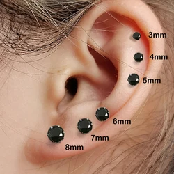 Black Crystal Stud Earrings for Men Classic Four Six Claws Women Cartilage Studs 3mm 8mm Zircon Piercing Ear Jewelry Wholesale