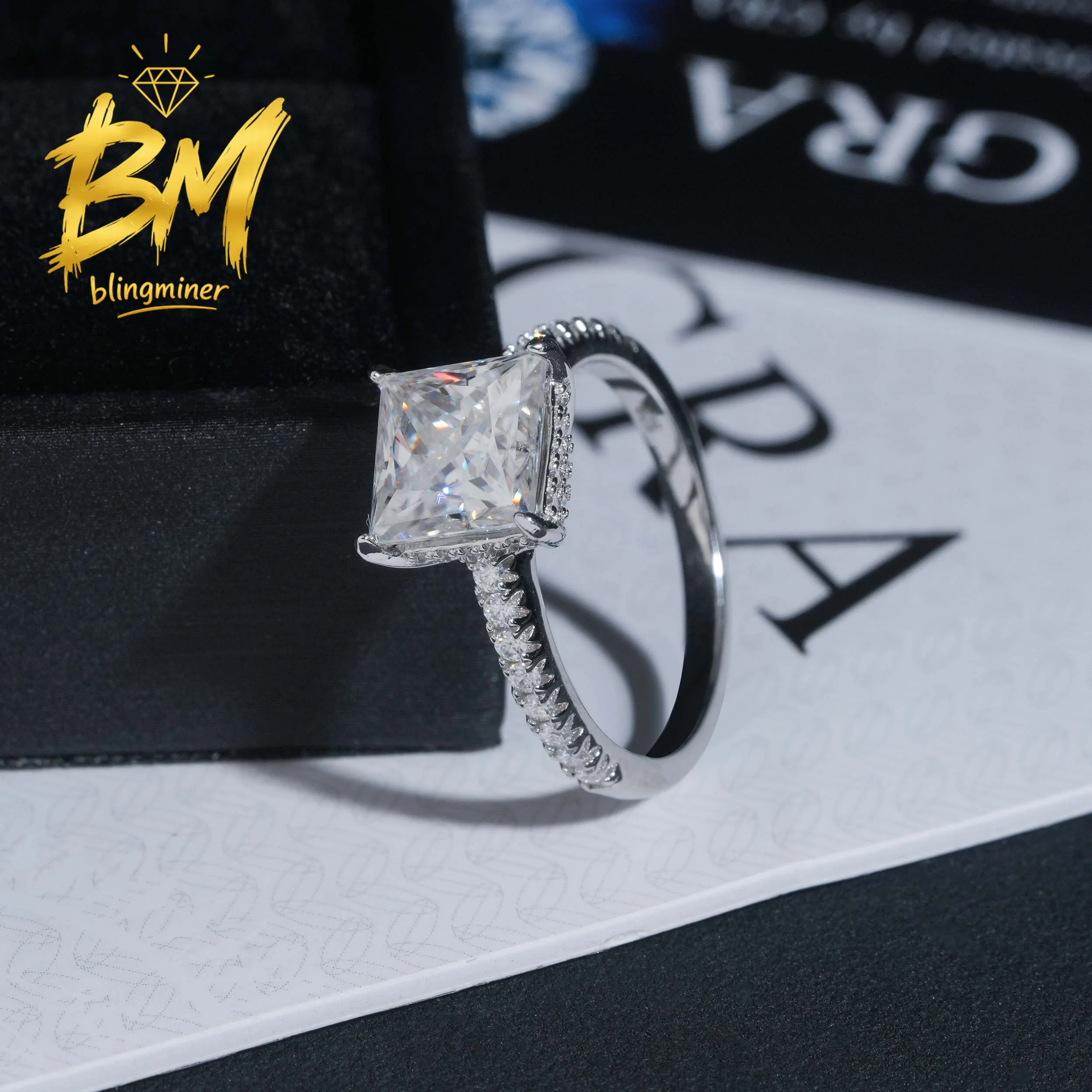Blingminer S925 Silver Princess 3CT Luxury Fine VVS Moissanite Rings Engagement Wedding Women Finger Jewelry Pass Diamonds GRA