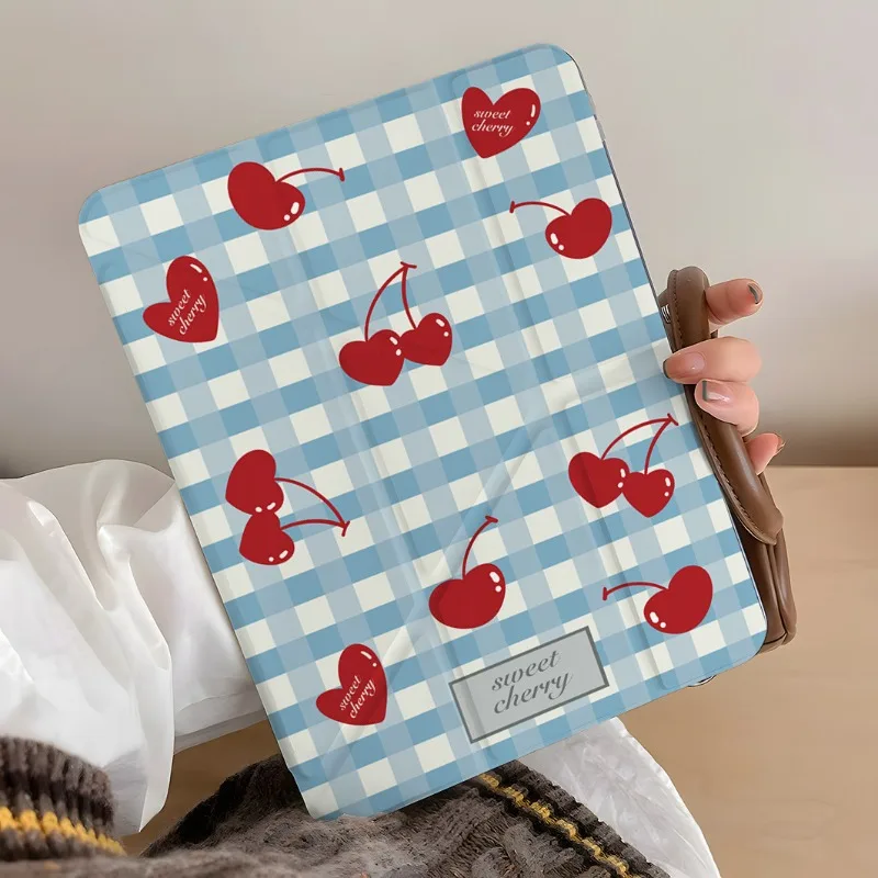 

Blue Grid Cherry IPad Case for IPad 11th A16 2025 Air7 11in Acrylic Case 10th 10.9in Air4 5 9th 10.2in Air6 Mini7 Tablet Cover